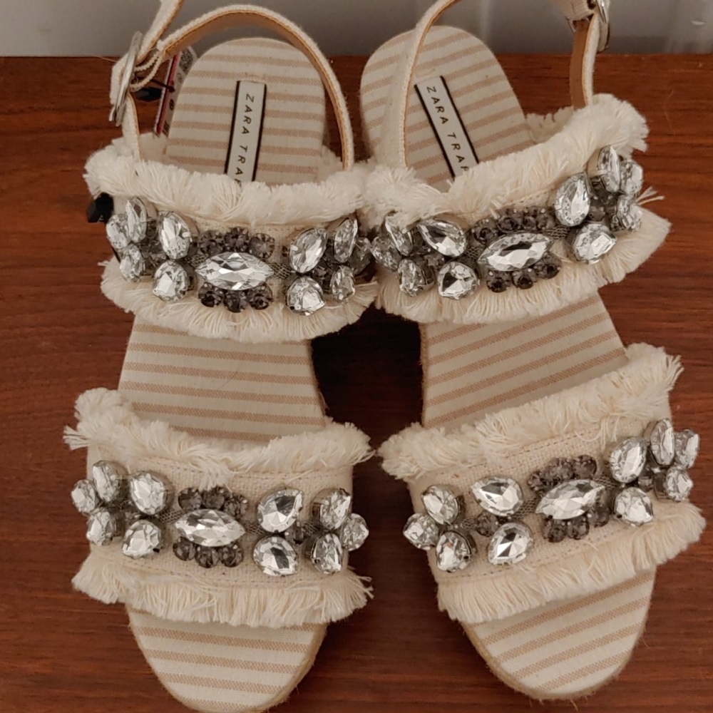 Zara Jewel Espadrille Fringe Sandal Size 38 New